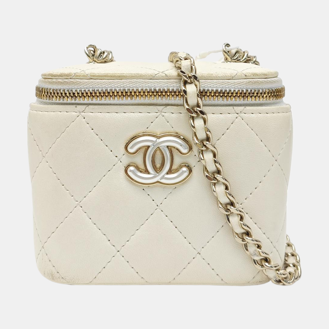 VANITY CASE Mini Quilted Lambskin White