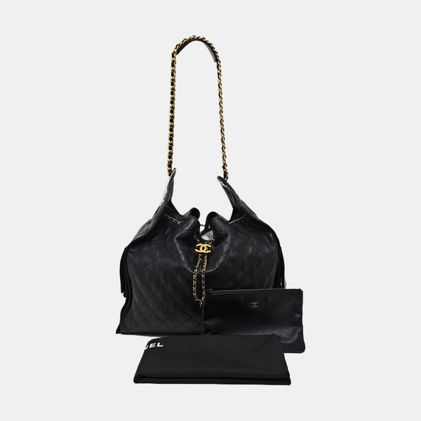 CHANEL 25 Large Quilted Grained Calfskin Black