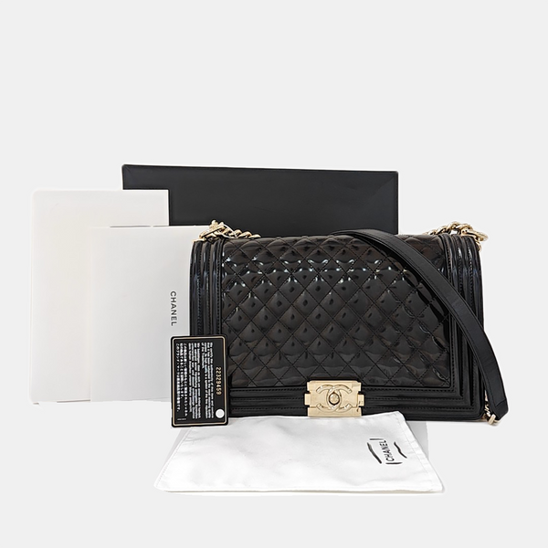 BOY CHANEL Large Quilted Patent Leather Black