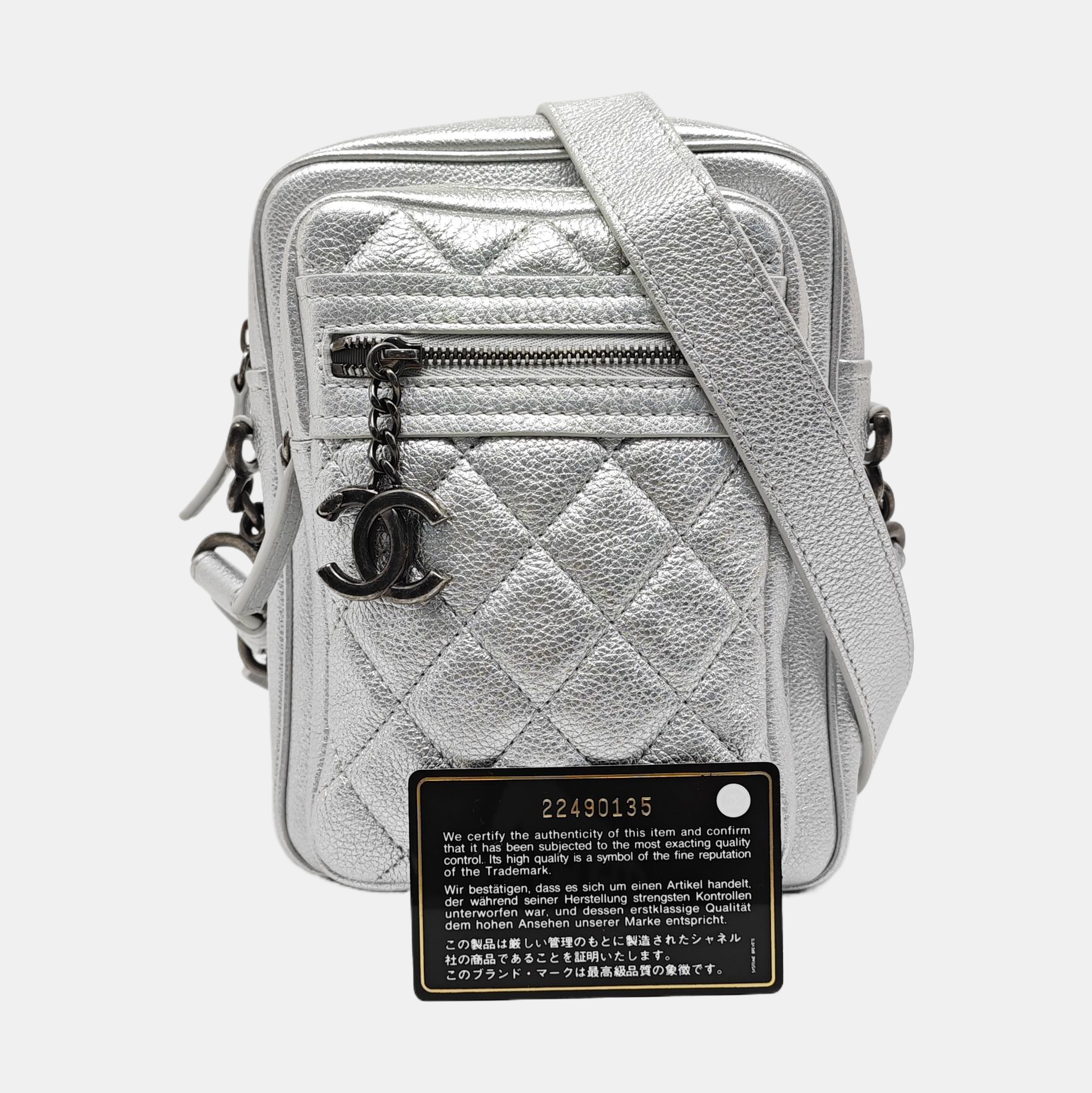 Quilted Grained Calfskin Shoulder Bag Silver