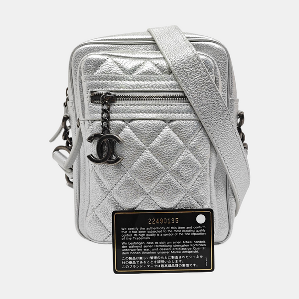 Quilted Grained Calfskin Shoulder Bag Silver