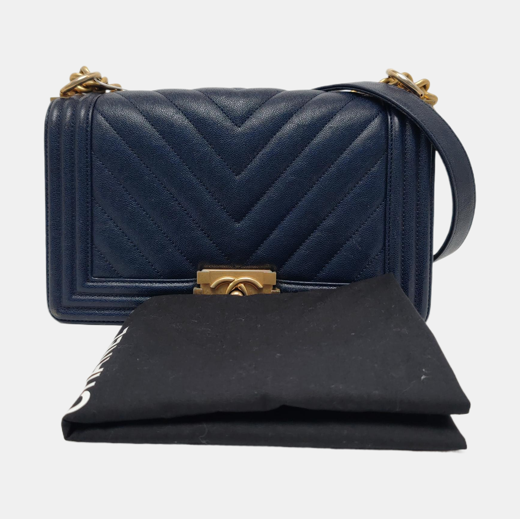 Authenticated pre-owned  BOY CHANEL Chevron, Quilted Grained Calfskin Blue - Crossbody Bag at Looply