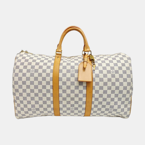KEEPALL 50 Damier Azur Coated Canvas White