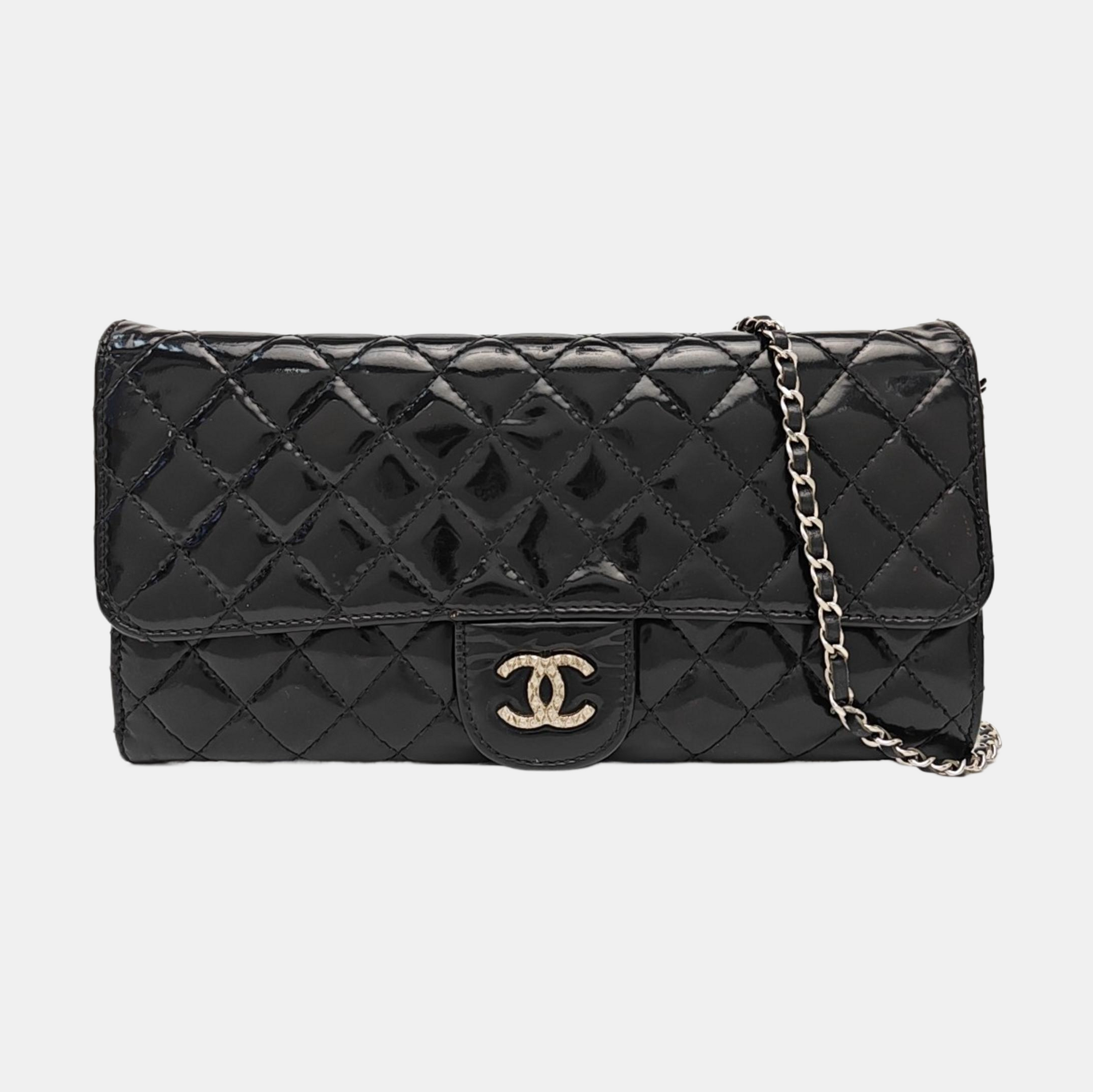 Quilted Patent Leather Top Handle Bag Black