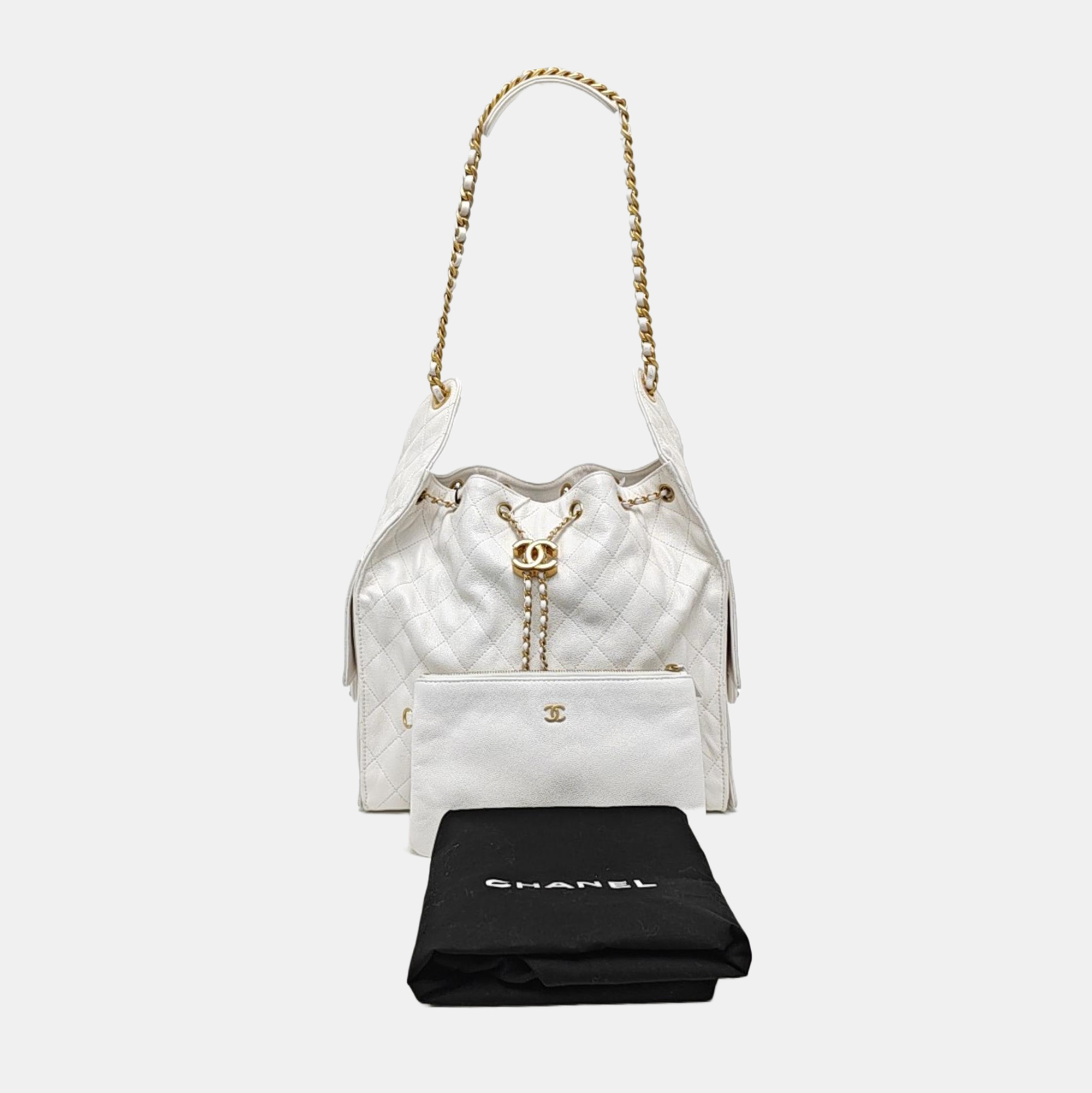 CHANEL 25 Medium Quilted Grained Calfskin White