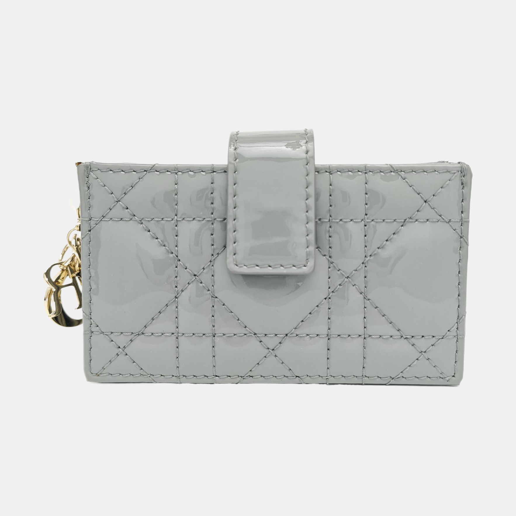 Lady Dior Super Mini Cannage Patent Leather Gray Card Holder