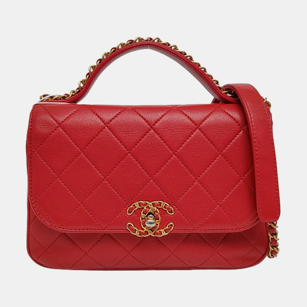 CHAIN INFINITY TOP HANDLE Medium Quilted Lambskin Red