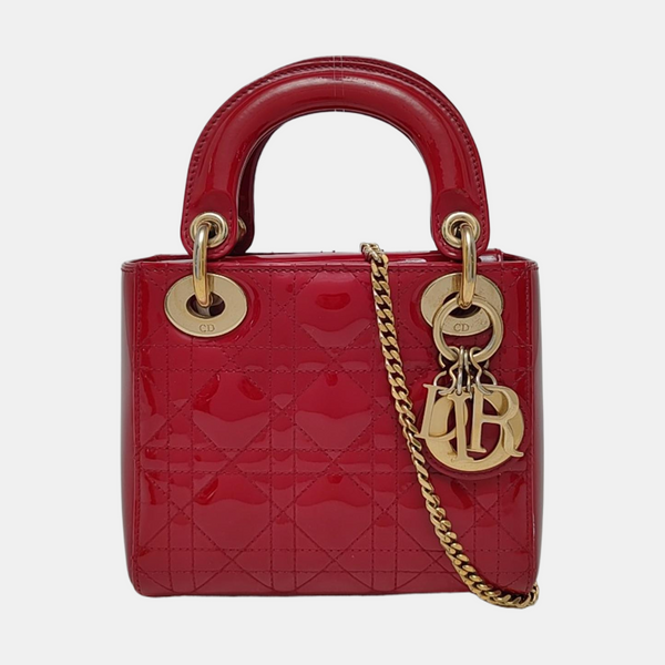 Authenticated pre-owned  Lady Dior Mini Cannage Patent Calfskin Red - Tote Bag at Looply