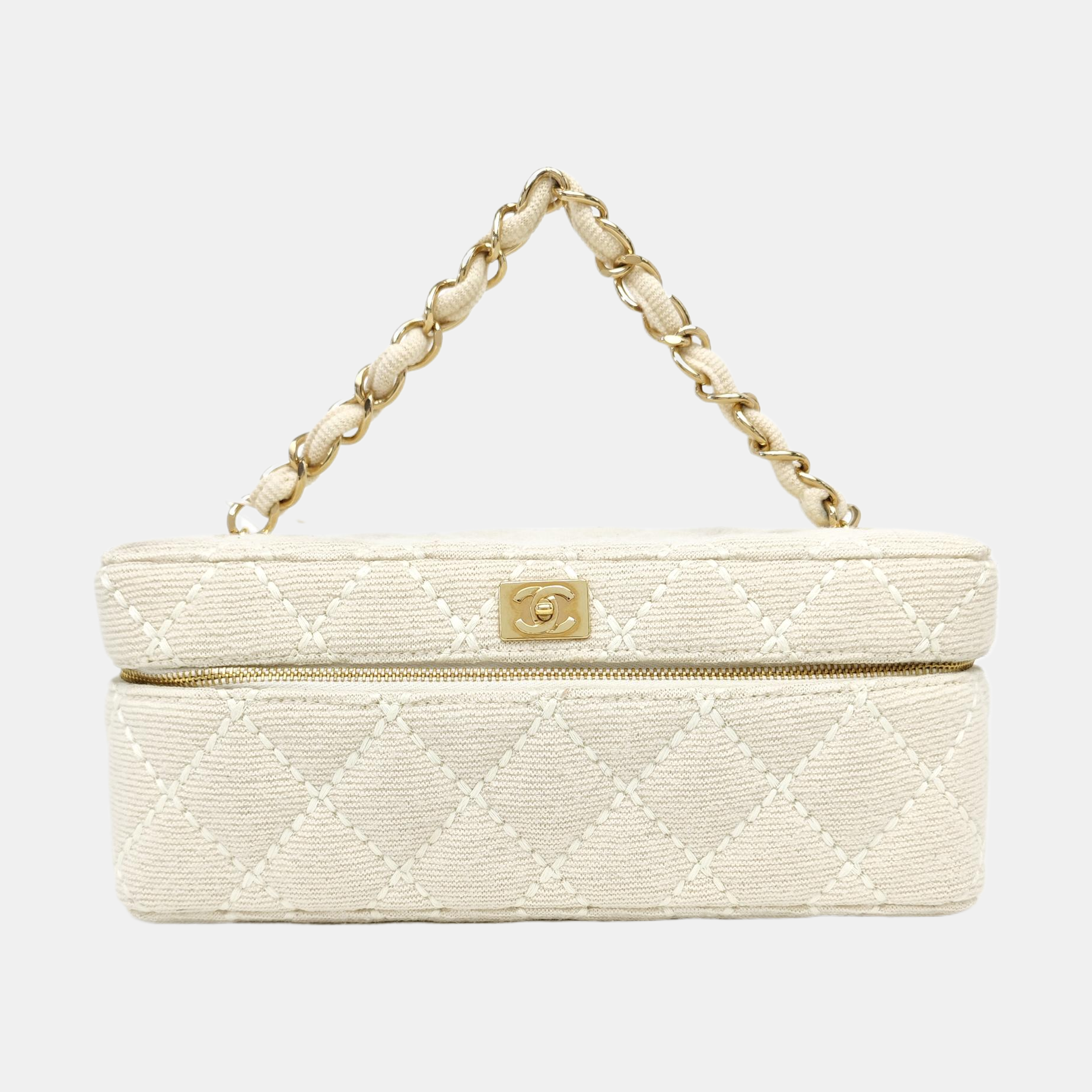 Quilted Fabric Top Handle Bag Beige