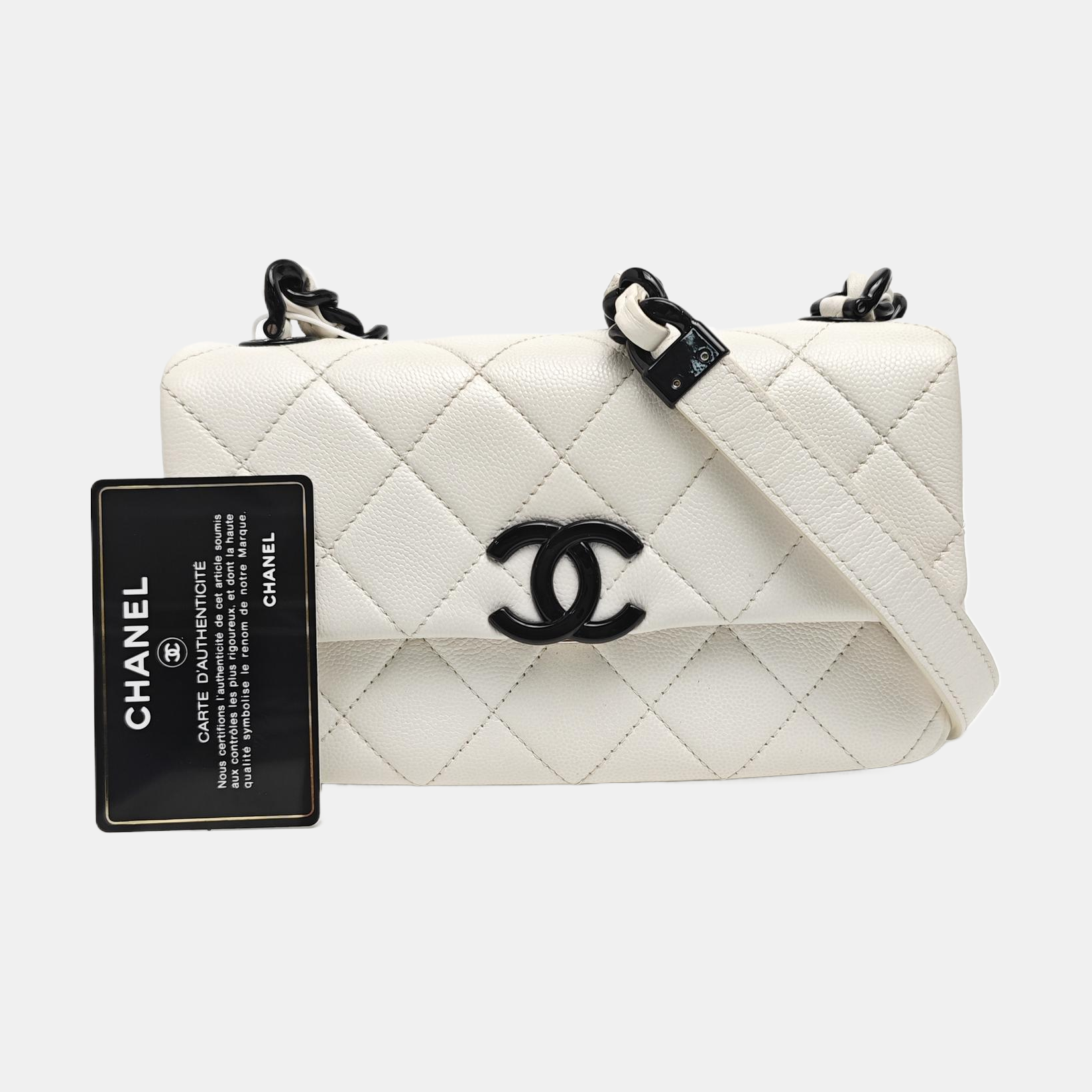 Quilted Grained Calfskin Shoulder Bag Small White