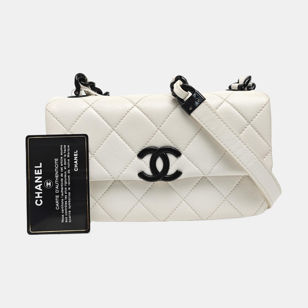Quilted Grained Calfskin Shoulder Bag Small White