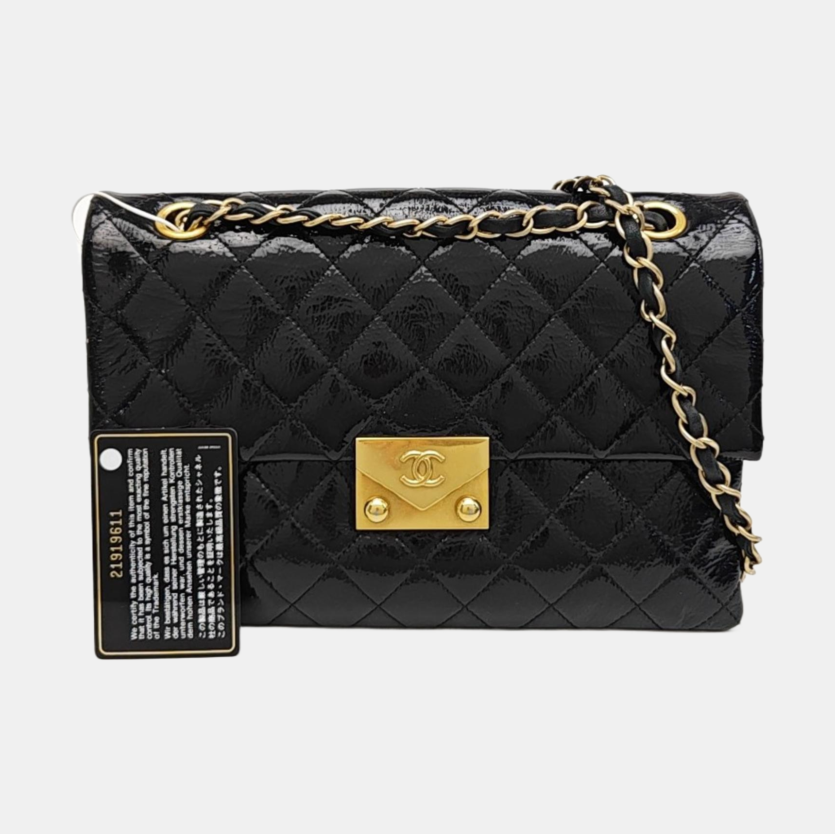 Quilted Patent Leather Shoulder Bag Black