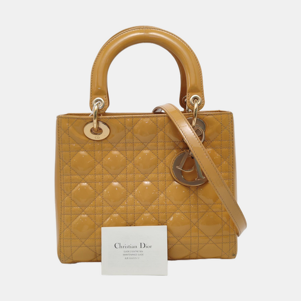 Authenticated pre-owned  Lady Dior Medium Quilted Patent Leather Yellow - Shoulder Bag at Looply