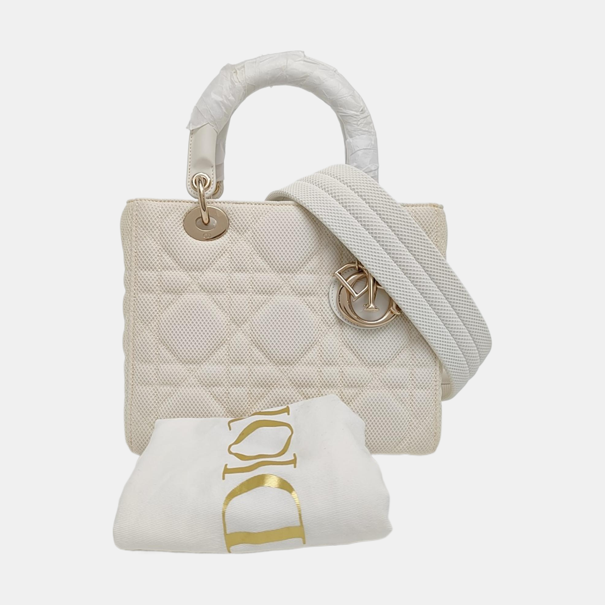 Authenticated pre-owned  Lady D-Lite Medium Cannage Fabric White - Shoulder Bag at Looply