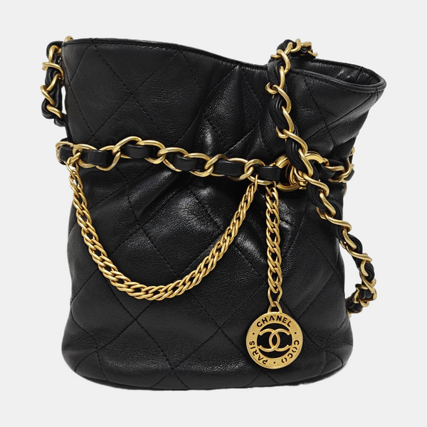Quilted Lambskin Bucket Bag Small Black