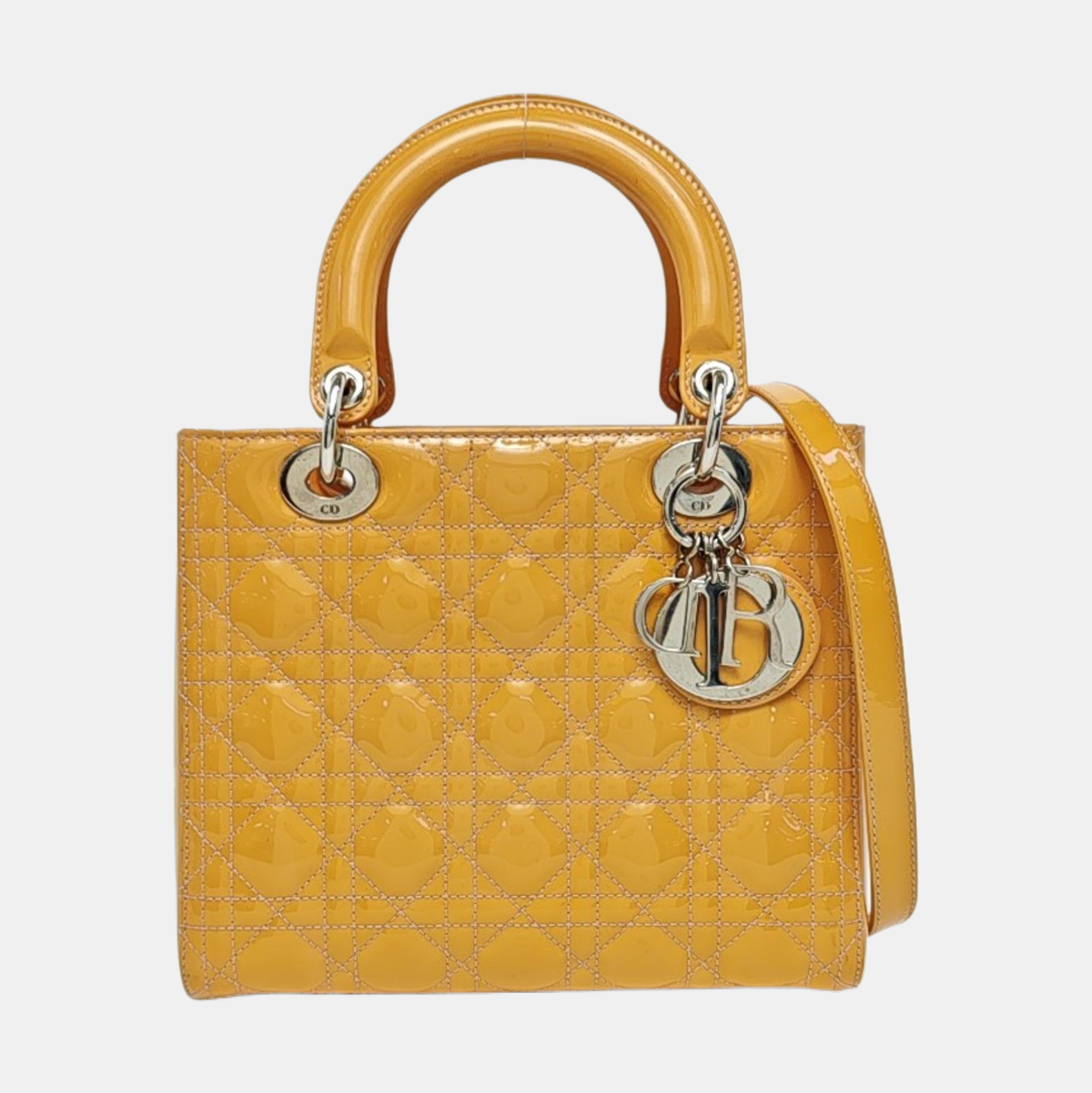 Authenticated pre-owned  Lady Dior Medium Quilted Patent Leather Yellow - Tote Bag at Looply
