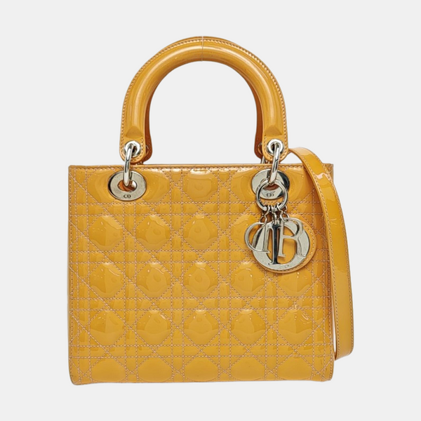 Authenticated pre-owned  Lady Dior Medium Quilted Patent Leather Yellow - Tote Bag at Looply