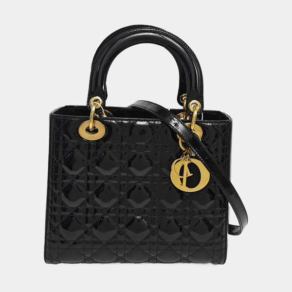 Authenticated pre-owned  Lady Dior Medium Quilted Patent Leather Black - Tote Bag at Looply