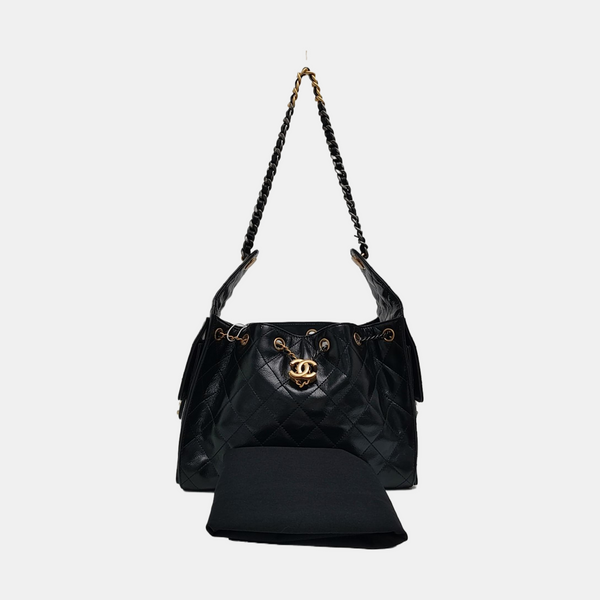 CHANEL 25 Small Quilted Waxed Cafskin Black