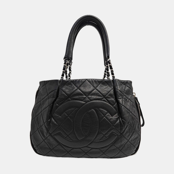 Quilted Grained Calfskin Tote Bag Black
