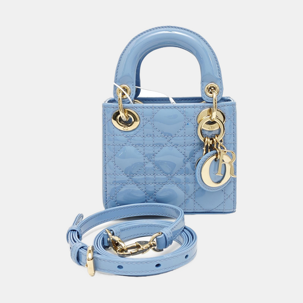 Authenticated pre-owned  Lady Dior Super Mini Cannage Patent Leather Blue - Tote Bag at Looply