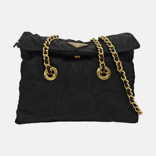 Quilted Nylon Shoulder Bag Black