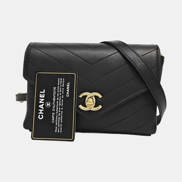 Chevron Calfskin Shoulder Bag Black