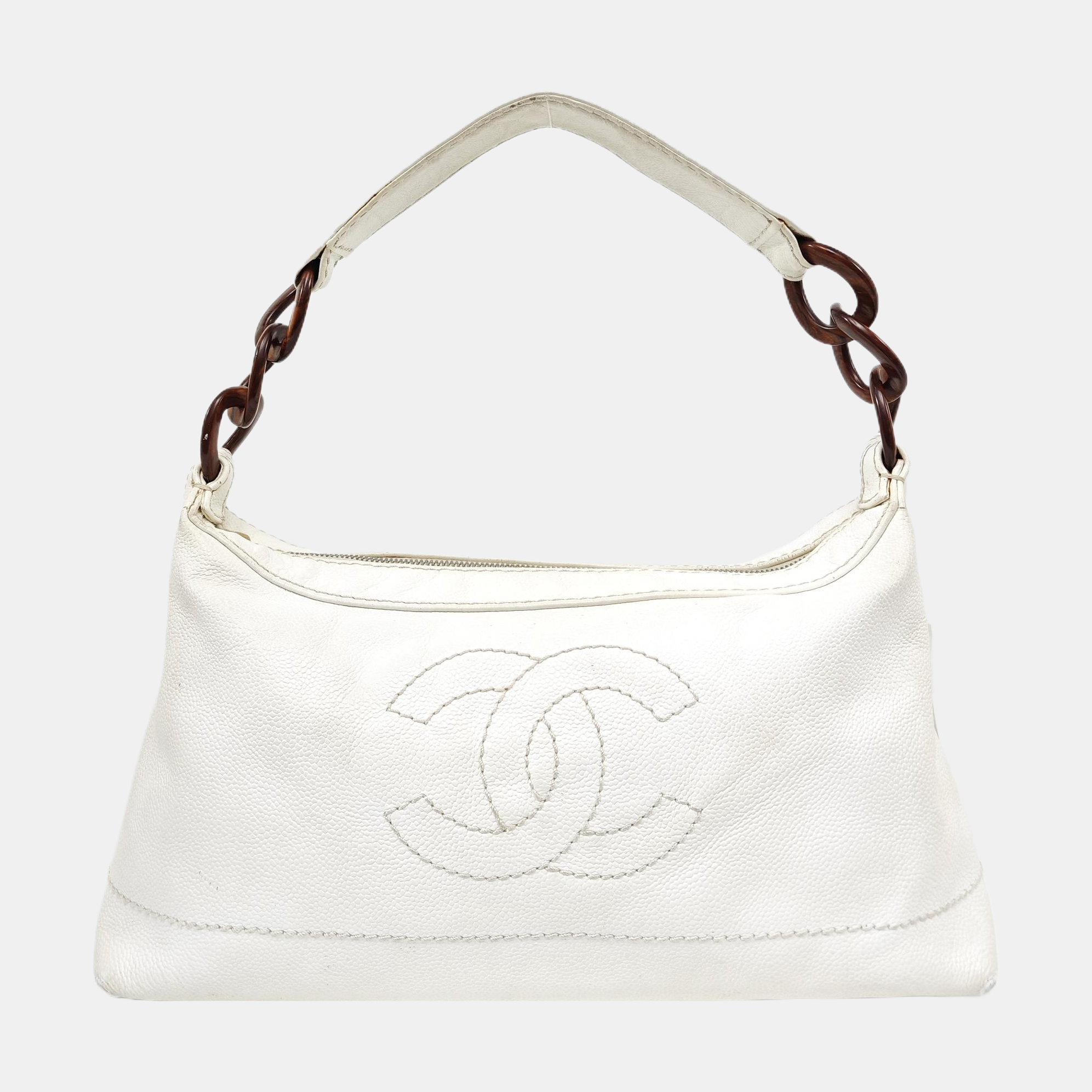 Quilted Grained Calfskin Shoulder Bag White