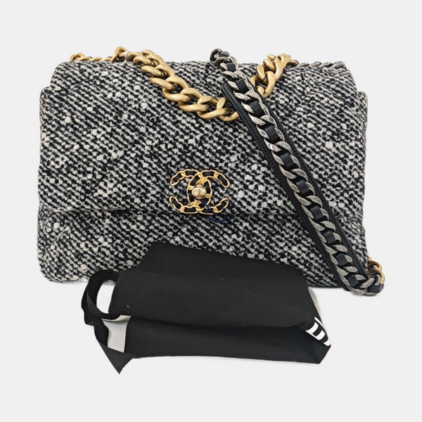 CHANEL 19 Large Quilted Wool Gray