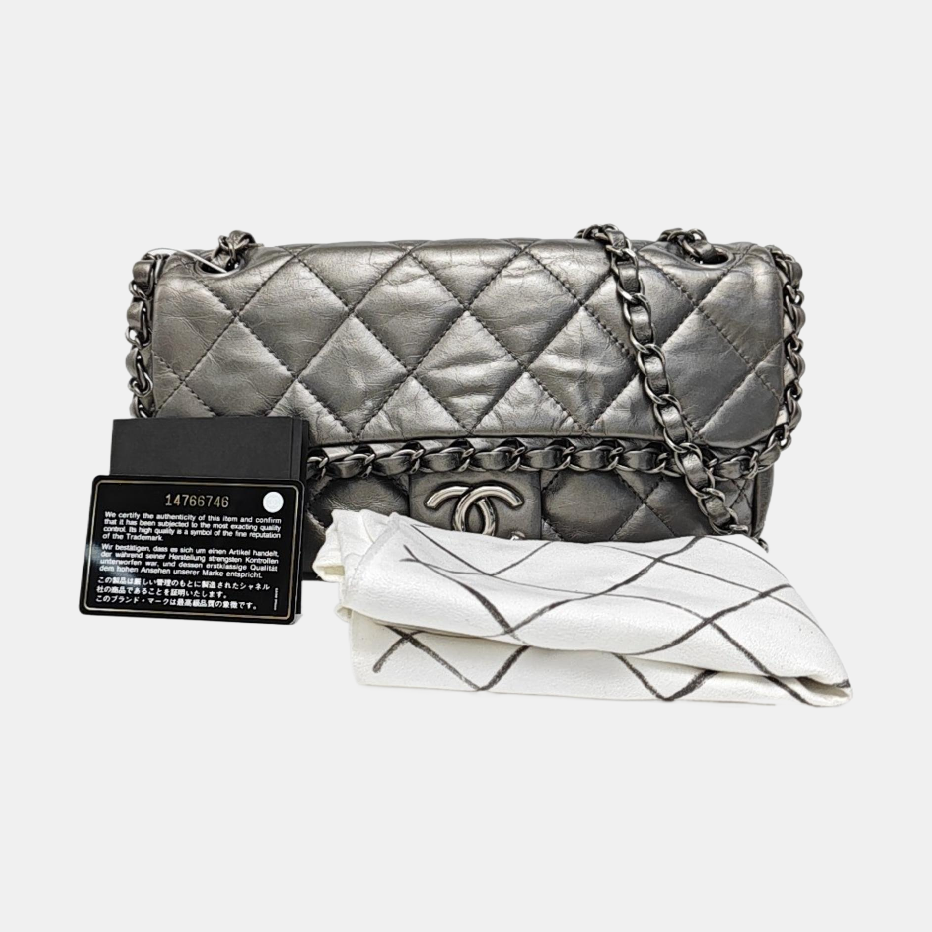 Quilted Calfskin Shoulder Bag Silver