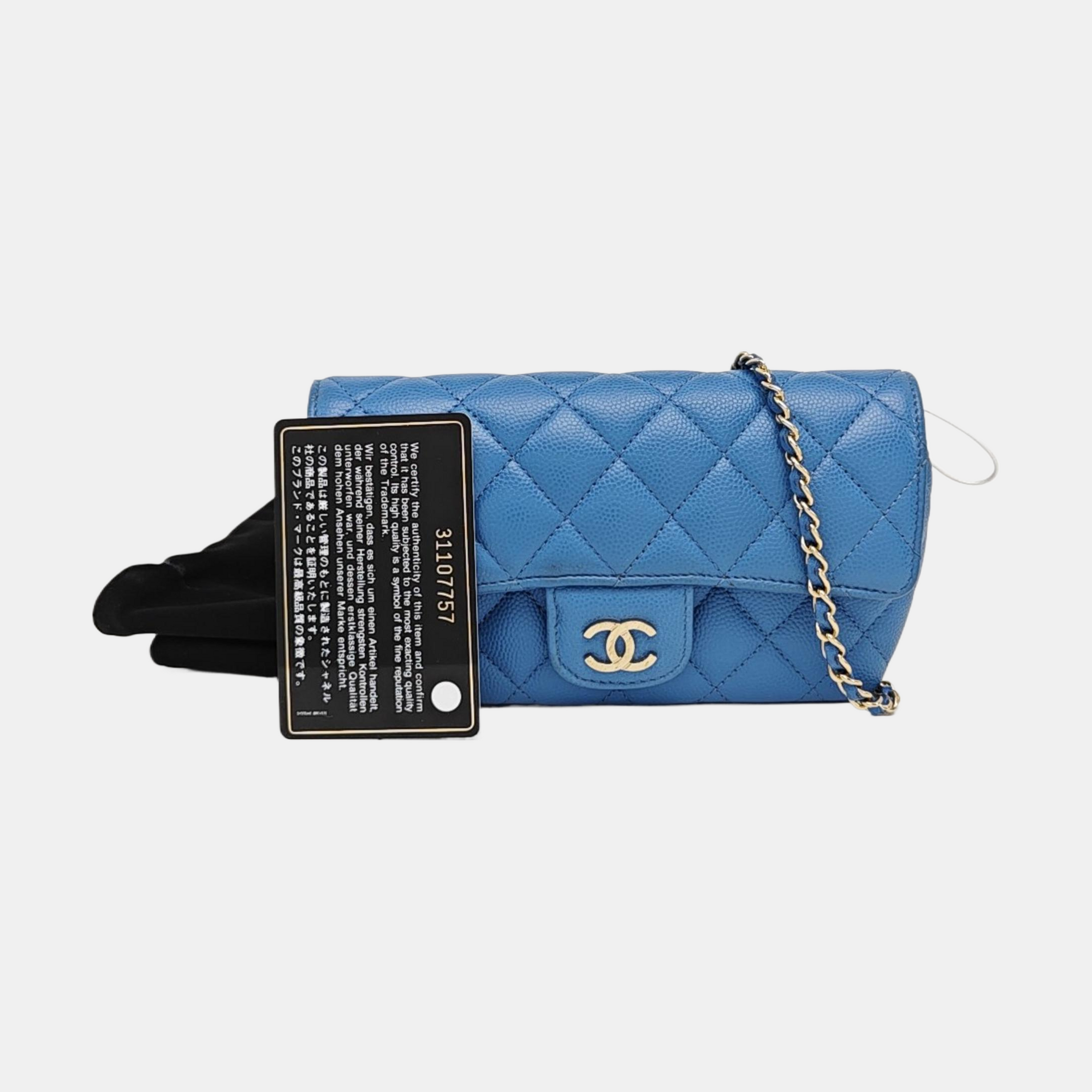 Quilted Grained Calfskin Shoulder Bag Blue