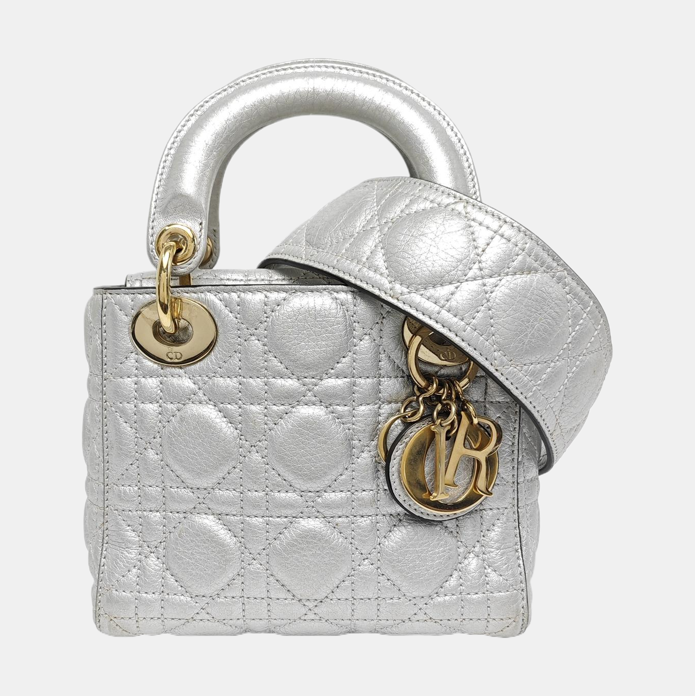 Authenticated pre-owned  Lady Dior Mini Cannage Lambskin Silver - Tote Bag at Looply