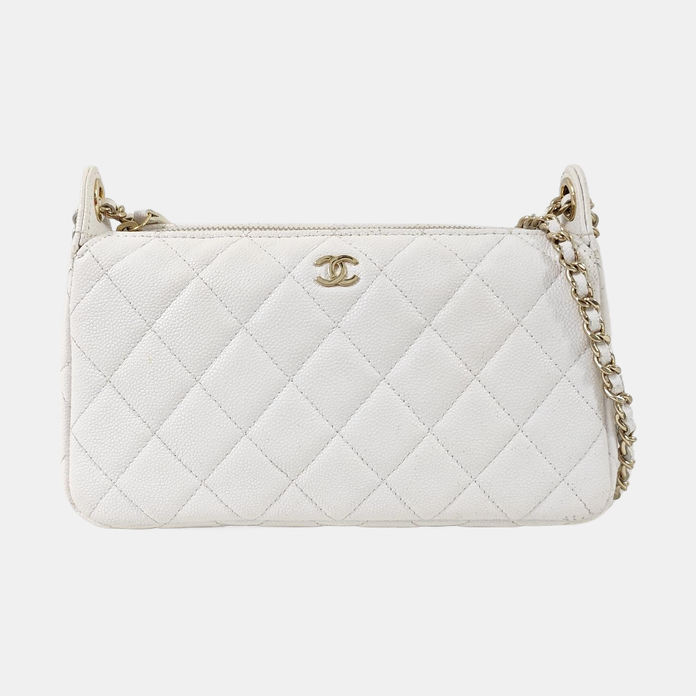Quilted Grained Calfskin Shoulder Bag White