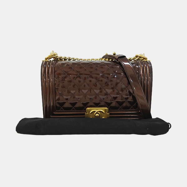 BOY CHANEL Medium Quilted Patent Leather Brown
