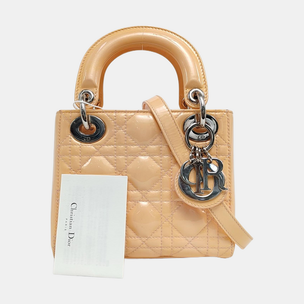 Authenticated pre-owned  Lady Dior Mini Cannage Patent Leather Beige - Tote Bag at Looply