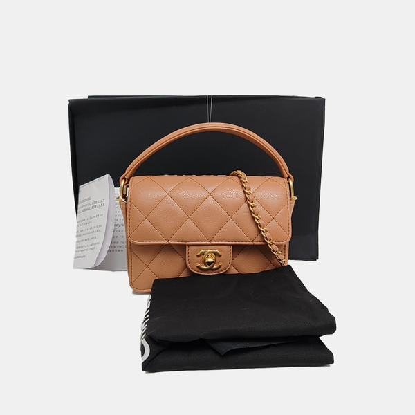 Authenticated pre-owned  CLASSIC FLAP Mini Quilted Grained Calfskin Beige - Shoulder Bag at Looply
