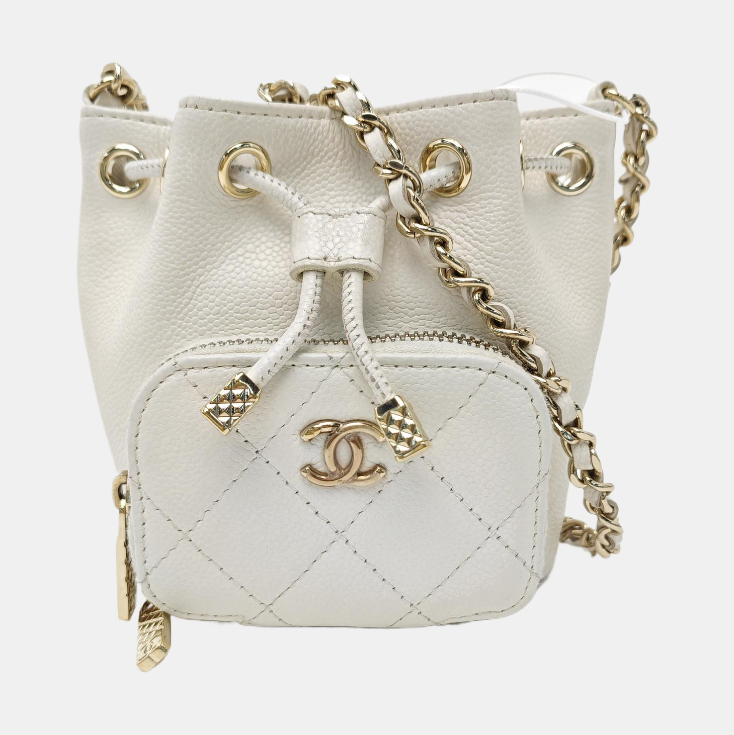 Quilted Grained Calfskin Bucket Bag Mini White