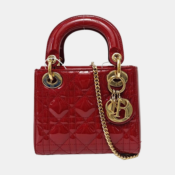 Authenticated pre-owned  Lady Dior Mini Quilted Patent Leather Red - Tote Bag at Looply