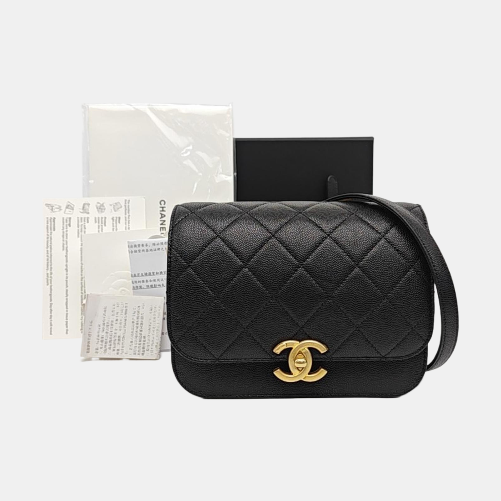 Quilted Grained Calfskin Shoulder Bag Black