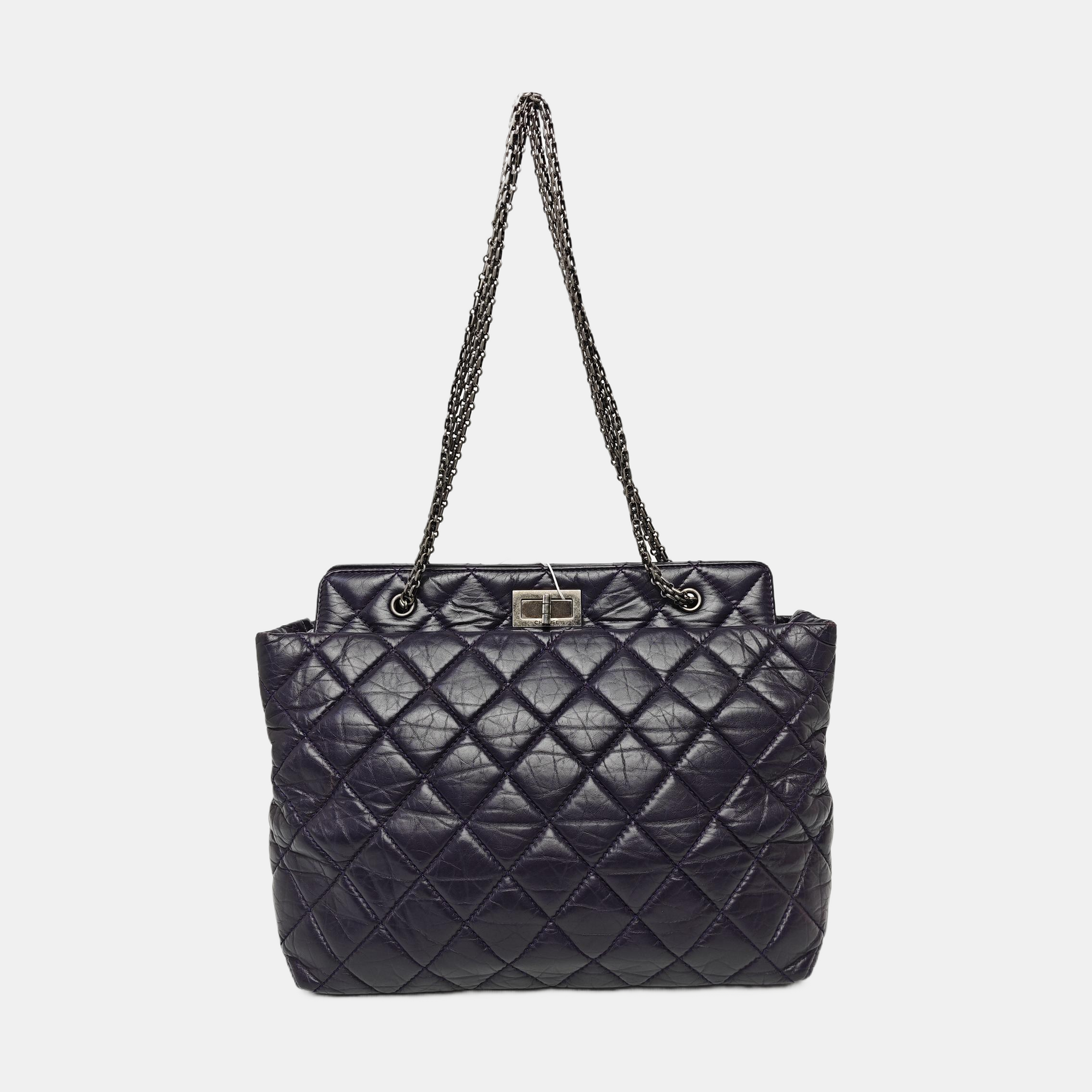 Quilted Calfskin Tote Bag Large Purple