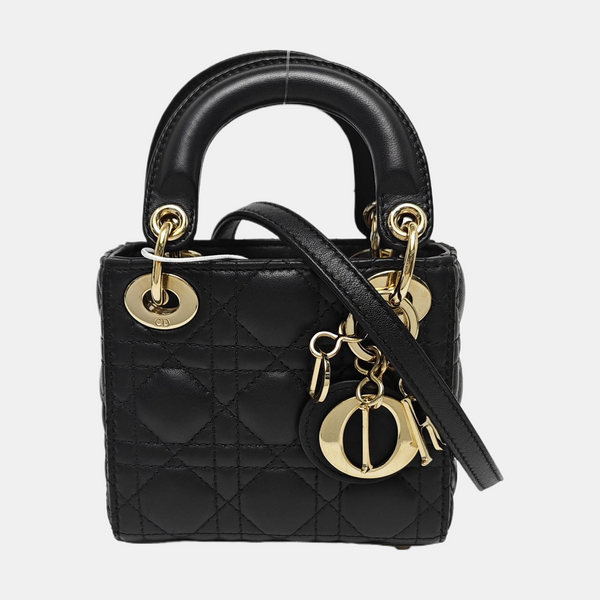 Authenticated pre-owned  Lady Dior Super Mini Quilted Lambskin Black - Tote Bag at Looply