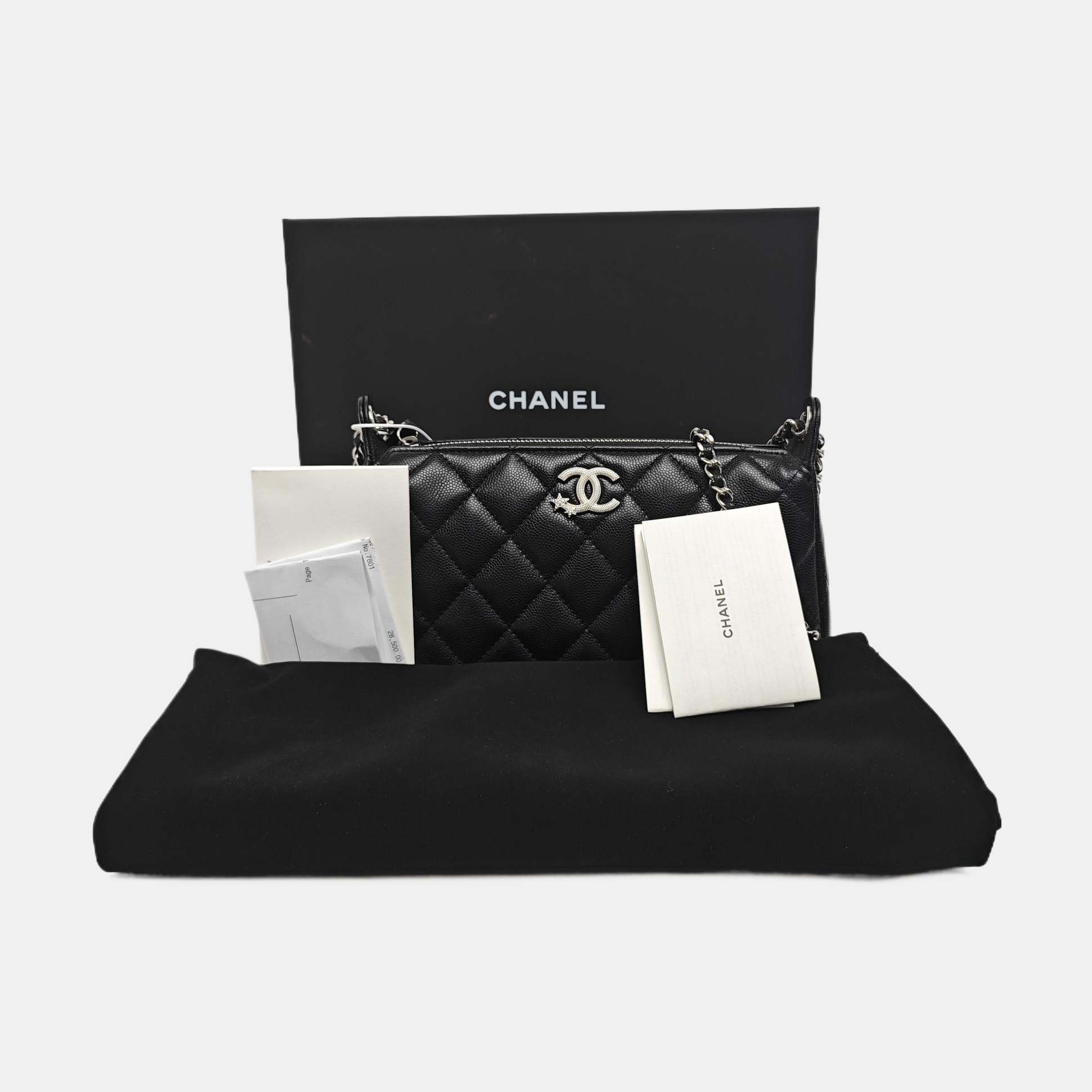 Quilted Grained Calfskin Shoulder Bag Black