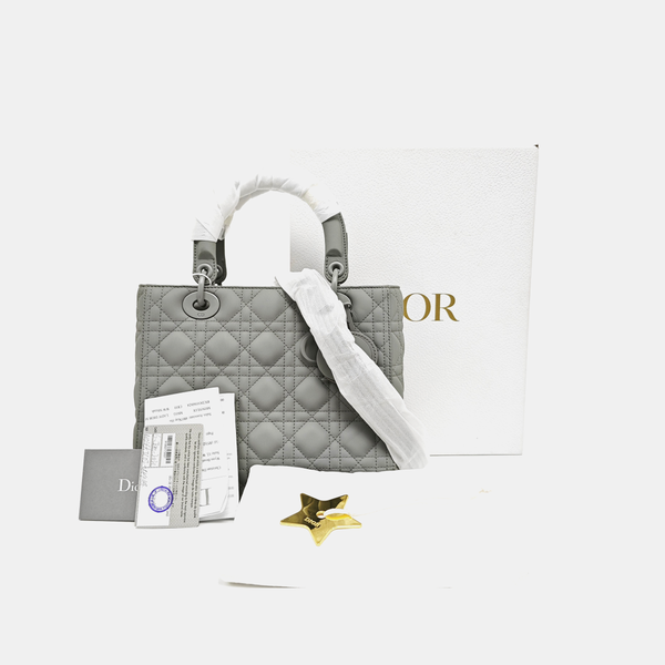 Authenticated pre-owned  Lady Dior Medium Quilted Calfskin Grey - Tote Bag at Looply