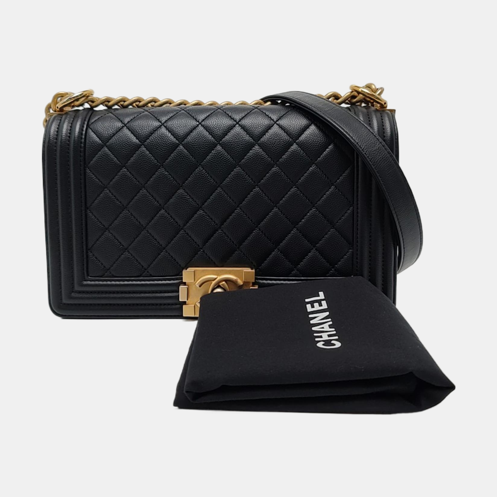 Authenticated pre-owned  BOY CHANEL Medium Quilted Grained Calfskin Black - Shoulder Bag at Looply