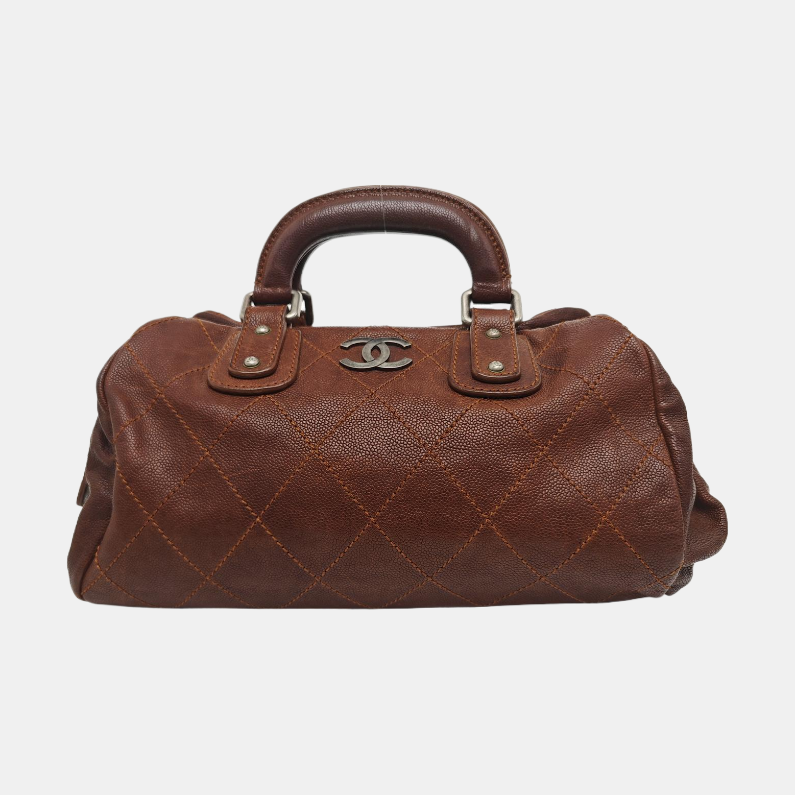 Quilted Grained Calfskin Top Handle Bag Brown