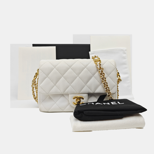 Quilted Grained Calfskin Shoulder Bag White