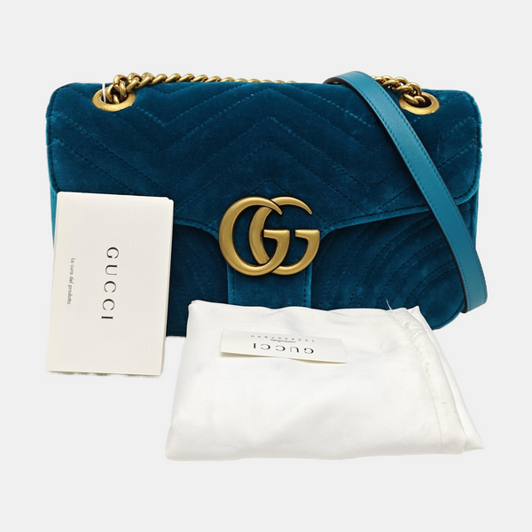 GG Marmont Medium Quilted Velvet Blue