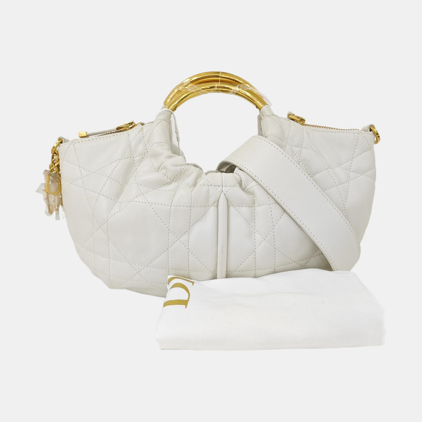 Cannage Calfskin Shoulder Bag White