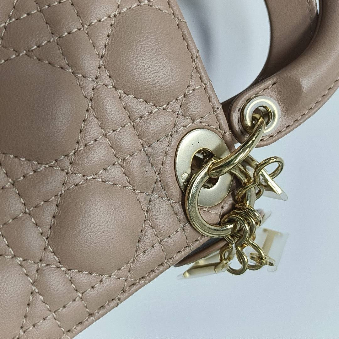Authenticated pre-owned  Lady Dior Super Mini Quilted Lambskin Beige - Tote Bag at Looply