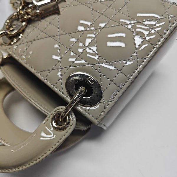 Lady Dior Super Mini Cannage Patent Leather Beige